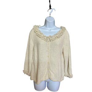 Coldwater Creek Womens Cardigan Size M Neutral Crochet Trim Pearlized Button